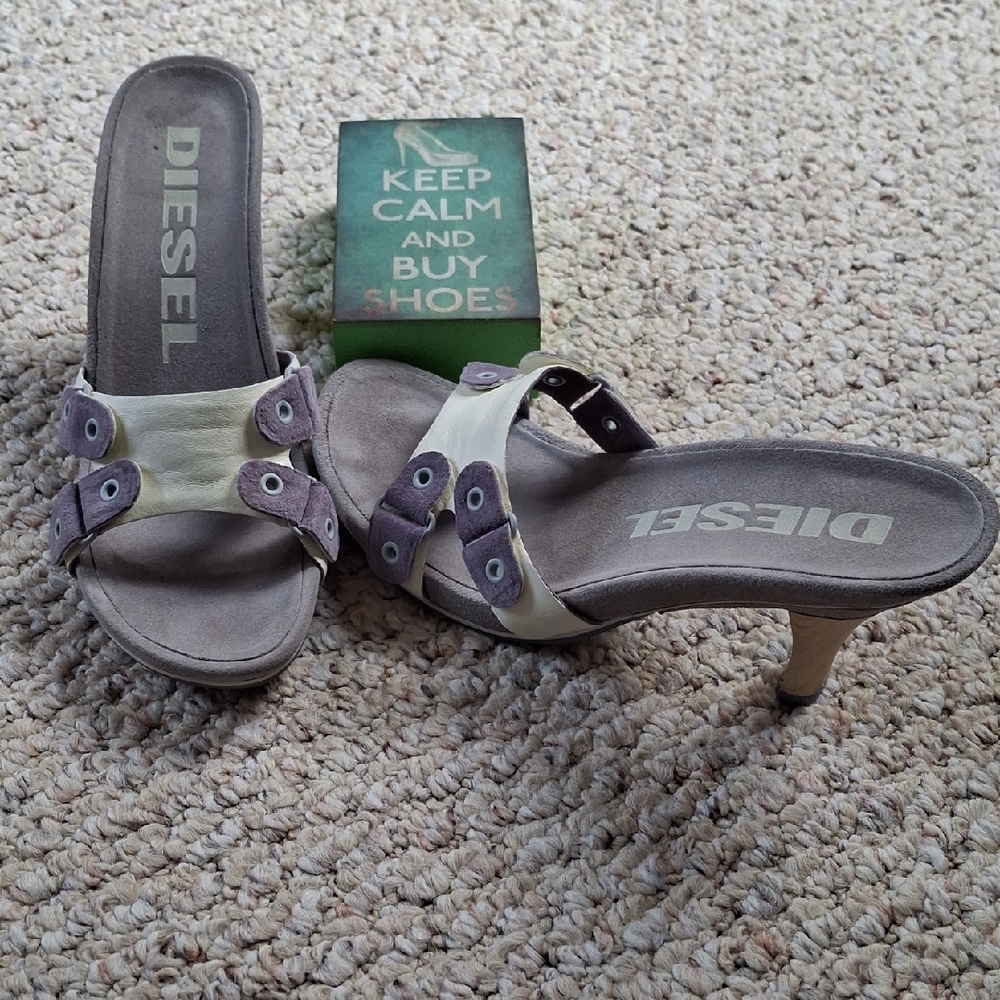 Diesel Bone & Lilac Purple Leather Suede Wood Sandals Size 7 Worn Once